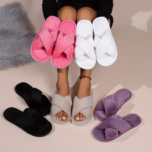 Luxurious Winter Slippers with Crisscross Plush Bands - Solid Open-Toe Comfort, Non-Slip Fuzzy Footwear, Perfect for Cozy Evenings at Home - cozydrew