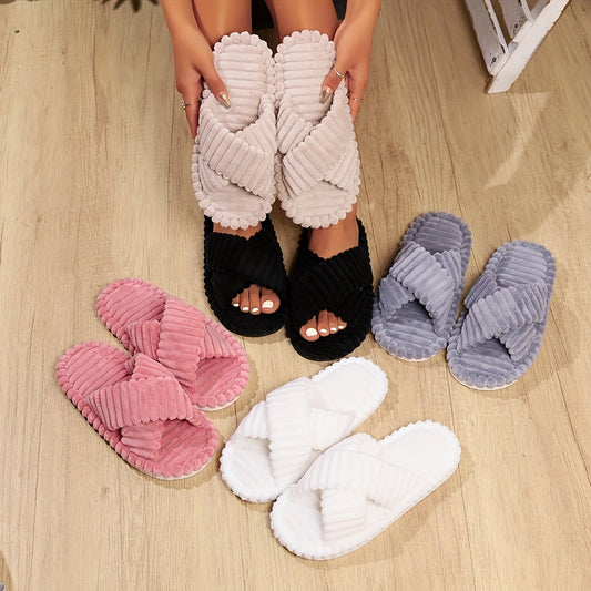 Ultra-Soft Fuzzy Open Toe Slippers - Crisscross Band Style - Cozy Indoor Shoes for Women - Solid Colors, Non-Slip, Breathable & Trendy - cozydrew