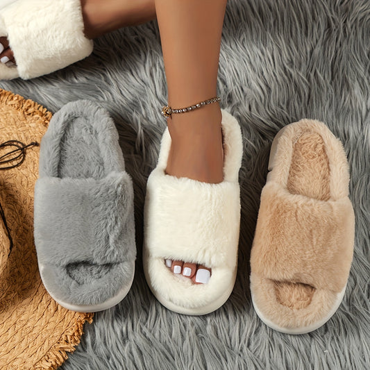 Single Band Cozy Fluffy Furry House Slippers - Ultra Soft Fabric Inner, Comfy Warm, Anti-Slip PVC Sole, Solid Color Random Printing - Perfect for Home, Indoor, Cold Winter Days - cozydrew